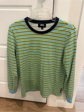 Stussy Striped Long Sleeve Tee in Aqua, Lime & Black